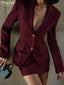 Slim Wine Red 2 Piece Set; Blazer with High Waist Mini Skirt Set Female