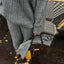 Oversize Knitted Women Set; V-neck Full Sleeve; Scarf Pullover; Long Trousers Knit Material