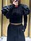 Knitted High Neck Puff Sleeve Solid Color Sweater