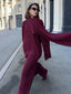 Oversize Knitted Women Set; V-neck Full Sleeve; Scarf Pullover; Long Trousers Knit Material