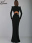 Elegant Black Slim 2 Piece Sets; Long Sleeve; Lace-Up Open Back Bodysuit; Floor-Length