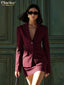 Slim Wine Red 2 Piece Set; Blazer with High Waist Mini Skirt Set Female