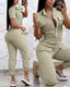 Jumpsuit Short Sleeve Pocket Design; Turn Down Collar; Elastic Waist Drawstring