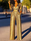 Solid Color Jumpsuit; Deep V-neck; Three-Quarter Sleeves; High Waist, Wide Leg