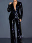 2 Pieces Set; Blazer Pant Suit; Long Sleeve Sequin Coat; High Waist; Wide Leg Pants