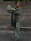 Oversize Knitted Women Set; V-neck Full Sleeve; Scarf Pullover; Long Trousers Knit Material