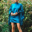 Vintage Elegant Blue; Loose Batwing Sleeves Buttoned Solid Color High-Neck Mini Dress