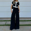 Contrasting Color Slim Pants Suit; Casual O-Neck Button Top and Trousers 2pc Set