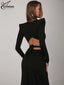 Elegant Black Slim 2 Piece Sets; Long Sleeve; Lace-Up Open Back Bodysuit; Floor-Length