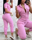 Jumpsuit Short Sleeve Pocket Design; Turn Down Collar; Elastic Waist Drawstring