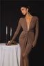 Glitter Deep V Neck; Long Sleeve Ruched Bodycon Dress