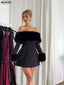 Elegant Fluffy Fur Slash Collar High Waist Mini Dress ; Chic Long Sleeve Slim Evening Party