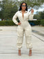 Cargo Jumpsuit; Solid Zipper Fly; Big Pockets
