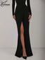 Elegant Black Slim 2 Piece Sets; Long Sleeve; Lace-Up Open Back Bodysuit; Floor-Length