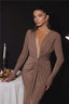 Glitter Deep V Neck; Long Sleeve Ruched Bodycon Dress