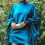 Vintage Elegant Blue; Loose Batwing Sleeves Buttoned Solid Color High-Neck Mini Dress