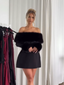 Elegant Fluffy Fur Slash Collar High Waist Mini Dress ; Chic Long Sleeve Slim Evening Party