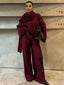 Oversize Knitted Women Set; V-neck Full Sleeve; Scarf Pullover; Long Trousers Knit Material