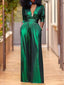 Solid Color Jumpsuit; Deep V-neck; Three-Quarter Sleeves; High Waist, Wide Leg