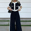 Contrasting Color Slim Pants Suit; Casual O-Neck Button Top and Trousers 2pc Set