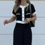 Contrasting Color Slim Pants Suit; Casual O-Neck Button Top and Trousers 2pc Set