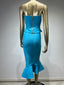 Strapless Lake Blue Beaded Midi Bandage Skirt Set