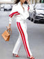 Casual Striped Straight Leg Pants Loose Long Sleeves Zipper Stand Collar Jacket; Outerwear