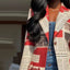 Long Blazer Jacket; Newspaper Print Pattern; Notched Collar; Urban Wear