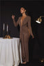 Glitter Deep V Neck; Long Sleeve Ruched Bodycon Dress