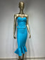 Strapless Lake Blue Beaded Midi Bandage Skirt Set