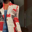 Long Blazer Jacket; Newspaper Print Pattern; Notched Collar; Urban Wear