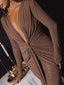 Glitter Deep V Neck; Long Sleeve Ruched Bodycon Dress