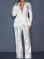 2 Pieces Set; Blazer Pant Suit; Long Sleeve Sequin Coat; High Waist; Wide Leg Pants
