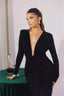 Glitter Deep V Neck; Long Sleeve Ruched Bodycon Dress