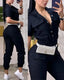 Jumpsuit Short Sleeve Pocket Design; Turn Down Collar; Elastic Waist Drawstring