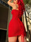 Red Shiny Bodycon High Waist Mini Dress; Strapless