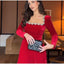 Solid Square Collar Long Sleeve Velvet Gown Elegant High Waist A-line Beaded Dresses New Lady Christmas Evening Party Vestidos ﻿