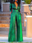 Solid Color Jumpsuit; Deep V-neck; Three-Quarter Sleeves; High Waist, Wide Leg