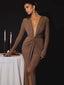 Glitter Deep V Neck; Long Sleeve Ruched Bodycon Dress