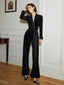 V-Neck Long Sleeved Slim Fit Jumpsuit; Velvet Drape Wide Leg Jumpsuit