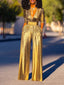 Solid Color Jumpsuit; Deep V-neck; Three-Quarter Sleeves; High Waist, Wide Leg