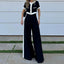 Contrasting Color Slim Pants Suit; Casual O-Neck Button Top and Trousers 2pc Set