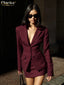 Slim Wine Red 2 Piece Set; Blazer with High Waist Mini Skirt Set Female