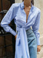 Long Sleeve; Loose; Buttoned; Joint Striped Tied Waist Lapel Blouse Top