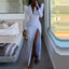 Long Sleeve High Waist White Dress; Deep V-neck; Split Wrap Evening Gown