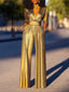 Solid Color Jumpsuit; Deep V-neck; Three-Quarter Sleeves; High Waist, Wide Leg