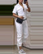 Jumpsuit Short Sleeve Pocket Design; Turn Down Collar; Elastic Waist Drawstring