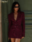 Slim Wine Red 2 Piece Set; Blazer with High Waist Mini Skirt Set Female