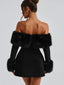 Elegant Fluffy Fur Slash Collar High Waist Mini Dress ; Chic Long Sleeve Slim Evening Party