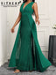 Elegant Green Sequin Dress; Satin Strap Sleeveless; Split at the Thigh